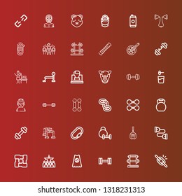 Editable 36 strength icons for web and mobile. Set of strength included icons line Broken link, Dumbbell, Weight, Superhero, Mass, Arms, Chest expander, Roman helmet, Weightlifting on red