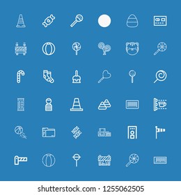 Editable 36 striped icons for web and mobile. Set of striped included icons line Barcode, Lollipop, Barrier, Beach ball, Windsock, Security gate, Scan, Candy on blue background
