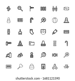 Editable 36 striped icons for web and mobile. Set of striped included icons line Cone, Candies, Security gate, Candy, Lollipop, Barcode, Prisioner, Candy corn on white background