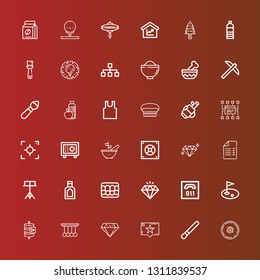 Editable 36 stroke icons for web and mobile. Set of stroke included icons line Cymbal, Brush, Recommendation, Diamond, Pendulum, Send data, Golf, , Denture, Food, Stand on red