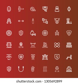 Editable 36 strong icons for web and mobile. Set of strong included icons line Fist, Sumo, Dumbbell, Rope, Shield, Bench press, Protection, Samurai, Gym station, Slavery on red