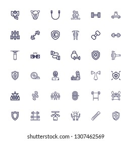 Editable 36 strong icons for web and mobile. Set of strong included icons line Shield, Rope, Protection, Gym station, Dumbbell, Samurai, Bench press, Superhero on white background