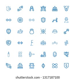 Editable 36 strong icons for web and mobile. Set of strong included icons line Protection, Dumbbell, Punching bag, Fist, Chest expander, Elephant, Carabiner on white background
