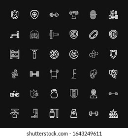 Editable 36 fuertes iconos para la web y el móvil. Conjunto de iconos fuertes incluidos línea Mass, Dumbbell, Superhéroe, bolsa de punteo, estación de gimnasio, Barbell, Wrestler, Escudo sobre fondo negro