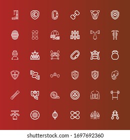 Editable 36 strong icons for web and mobile. Set of strong included icons line Barbell, Superhero, Dumbbell, Punching bag, Shield, Gym station, Bench press, Abs, Weight plates on red