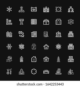 Editable 36 structure icons for web and mobile. Set of structure included icons line Building, Bridge, Clinic, Skyscraper, Chemistry, Hospital, Buildings, Real estate on black background