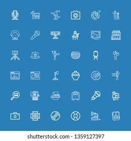 Editable 36 studio icons for web and mobile. Set of studio included icons line Photography, Gramophone, DJ, Vinyl, Spotlight, Photo camera, Easel, Microphone on blue background