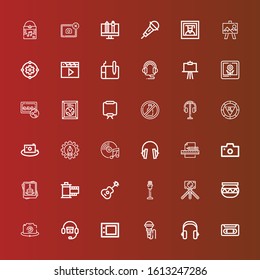 Editable 36 studio icons for web and mobile. Set of studio included icons line Vhs, Headphones, Microphone, Graphic tablet, Photo camera, Pottery, Guitar, Film, Photography on red