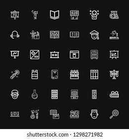 Editable 36 study icons for web and mobile. Set of study included icons line Magnifying glass, Boy, Presentation, Book, Chemistry, Tube, Shelf, Shelves, Flask on black background
