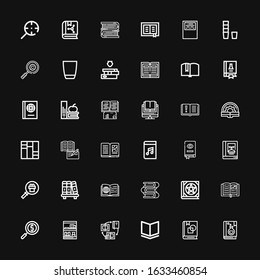 Editable 36 studying icons for web and mobile. Set of studying included icons line Book, Art book, Books, Bookcase, Magnifying glass, Bookshelf, Audiobook on black background
