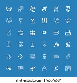 Editable 36 success icons for web and mobile. Set of success included icons line Pedestal, Chess, Money bag, Opener, Diploma, Transfer, Hand, Casino chip, Prize on blue background