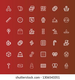 Editable 36 sugar icons for web and mobile. Set of sugar included icons line Frozen yogurt, Pretzel, Cupcake, Candy, Espresso, Biscuit, Dessert, Sugar, Coffee, Candy cane on red