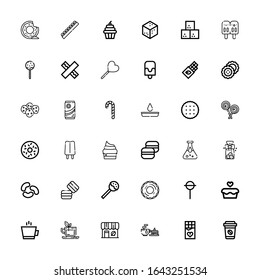 Editable 36 sugar icons for web and mobile. Set of sugar included icons line Coffee, Chocolate, Tea, Coffee shop, Cupcake, Lollipop, Donut, Macaron, Jelly beans on white background