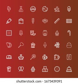 Editable 36 sugar icons for web and mobile. Set of sugar included icons line Dessert, Biscuit, Sugar cube, Cupcake, Pretzel, Tea, Coffee, Lollipop, Sponge cake, Candy, cane on red