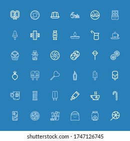 Editierbare 36 Zucker Icons für Web und Mobile. Zuckersatz inklusive Ikonen Zeile Lollipop, Cookies, Kaffee, Snack, Sojaseier, Schokolade, Zuckerrohr, Tee, Süßigkeiten, Popsikel auf blauem Hintergrund