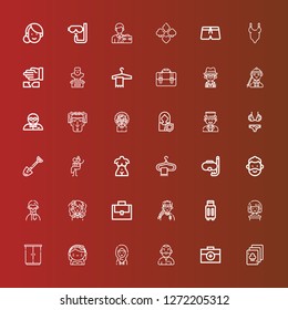 Editable 36 suit icons for web and mobile. Set of suit included icons line Playing cards, Briefcase, Man, Woman, Bride, Wardrobe, Suitcase, Diving, Hanger, Bust, Newlyweds on red