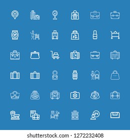 Editable 36 suitcase icons for web and mobile. Set of suitcase included icons line Purse, Room service, Hotel, Doorman, Briefcase, Airport, Bag, Bellhop, Suitcase on blue background