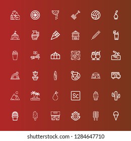 Editable 36 summer icons for web and mobile. Set of summer included icons line Ice cream, Dragon fruit, Drink, Popsicle, Cactus, Scout, Pear, Island, Mountains, Caravan on red