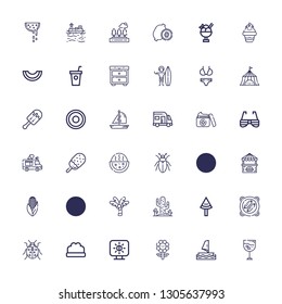 Editable 36 summer icons for web and mobile. Set of summer included icons line Drink, Windsurf, Flower, Brightness, Bush, Ladybug, Bbq, Watermelon, Cactus on white background