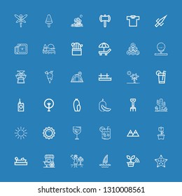 Editable 36 summer icons for web and mobile. Set of summer included icons line Starfish, Tree, Windsurf, Summer, Food stall, Boating, Flower, Mountains, Lemon juice on blue background