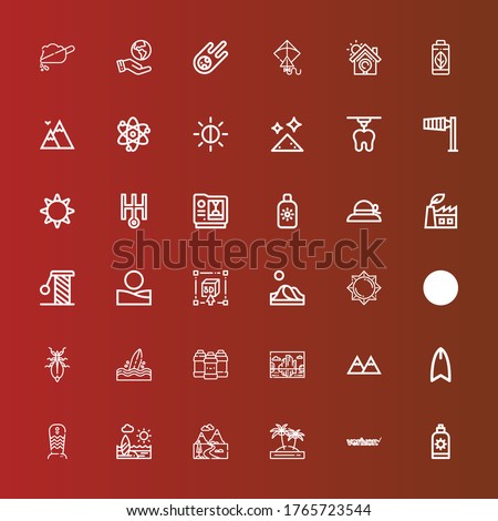 Editable 36 sun icons for web and mobile. Set of sun included icons line Sun cream, Verizon, Island, Mountains, Beach, Surfboard, Landscape, Acrylic, Leaf insect, Ecology on red