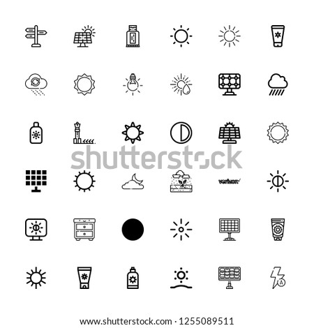 Editable 36 sunlight icons for web and mobile. Set of sunlight included icons line Auto flash, Solar panel, Sunrise, Sun cream, Sun, Brightness, Night, Verizon on white background