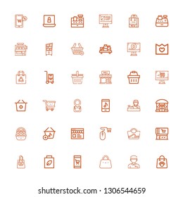 Editable 36 supermarket icons for web and mobile. Set of supermarket included icons line Shopping bag, Cashier, Bag, Online shop, Supermarket, Basket, Shop on white background