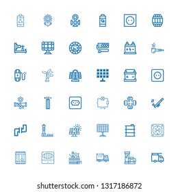 Editable 36 supply icons for web and mobile. Set of supply included icons line Plumber, Pipe, Lorry, Barrel, Colored pencils, Socket, Solar panel, Pipes, Wiring on white background