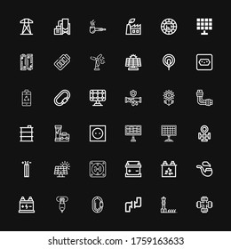 Editable 36 supply icons for web and mobile. Set of supply included icons line Pipe, Solar panel, Pipes, Carabiner, Hdmi port, Battery, Socket, Wire, Copper on black background