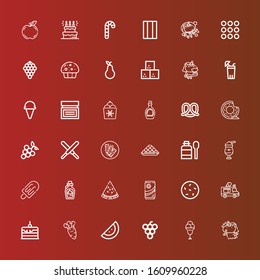 Editable 36 sweet icons for web and mobile. Set of sweet included icons line Unicorn, Ice cream, Grape, Watermelon, Carrot, Cake, Ice cream truck, Cookie, Chocolate, Milkshake on red