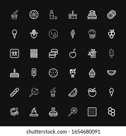 Editable 36 sweet icons for web and mobile. Set of sweet included icons line Honeycomb, Biscuit, Lollipop, Pie, Pudding, Unicorn, Ice cream, Coconut, Watermelon on black background