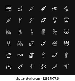 Editable 36 syringe icons for web and mobile. Set of syringe included icons line Veterinarian, Syringe, Medicine, Nurse, Mortar, Needle, Medicines, Vaccine on black background