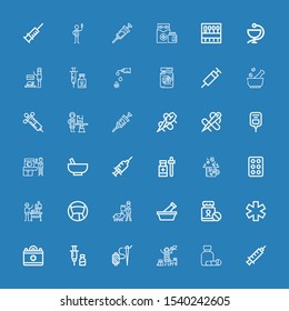 Editable 36 syringe icons for web and mobile. Set of syringe included icons line Syringe, Medicine, Veterinarian, Needle, Vaccine, Medical, Mortar, Drug, Drugs on blue background