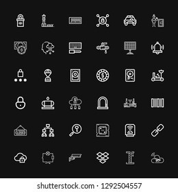 Editable 36 system icons for web and mobile. Set of system included icons line Cloud, Platform, Dropbox, Cctv, Wiring, Cloud computing, Link, Heater, Processor on black background