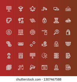 Editable 36 system icons for web and mobile. Set of system included icons line Security, Password, Binary code, Cctv, Heater, Grate, Padlock, Server, Cloud computing, Solar panel on red