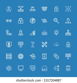 Editable 36 system icons for web and mobile. Set of system included icons line Stand, Data, Cloud server, Chip, Display, Invert, Solar panel, Rate, Chips, Pipe on blue background