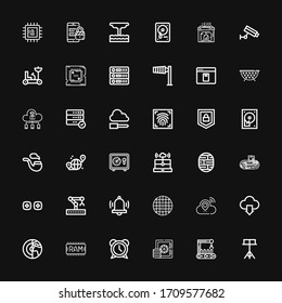 Editable 36 system icons for web and mobile. Set of system included icons line Stand, Robot arm, Safebox, Alarm, Ram, Planet, Cloud computing, Cloud, Grid on black background