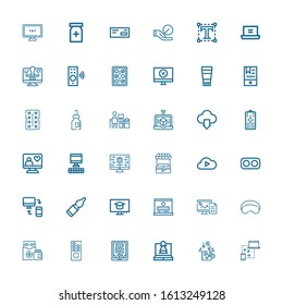 Editable 36 tablet icons for web and mobile. Set of tablet included icons line Laptop, Drugs, Ebook, Remote control, Medicines, Sleeping mask, Pharmacy, Computer on white background