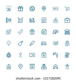 Editable 36 tag icons for web and mobile. Set of tag included icons line Shower, Luggage, Gift, Banner, Location, Label, Tag, Tap, Offer, Coupon, Pins, Delivery on white background