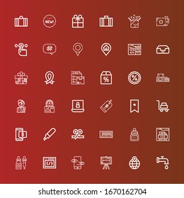 Editable 36 tag icons for web and mobile. Set of tag included icons line Tap, Location, Chalkboard, Online store, Css, Ink, Barcode, Ribbon, Marker, Discount, Luggage, Bookmark on red