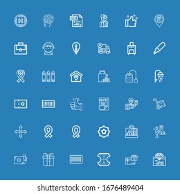 Editable 36 tag icons for web and mobile. Set of tag included icons line Coding, Gift card, Leather, Barcode, Gift, Tag, Showers, Suitcase, Badge, Ribbon, Position on blue background