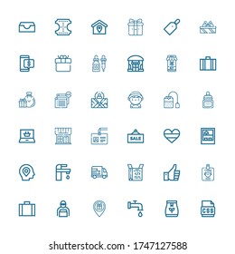 Iconos editables de 36 etiquetas para web y móvil. Juego de etiquetas incluidas línea de iconos Css, bolsa de té, Papel, Ubicación, Hombre de entrega, Maleta, ID, Miniaturas, Codificación, Entrega en fondo blanco