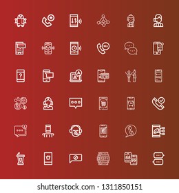 Editable 36 talk icons for web and mobile. Set of talk included icons line Chat, Smartphone, Feedback, Conference, Telephone, Commentator, Comment, Phone, Call center, Contact on red