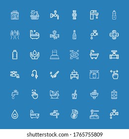 Editable 36 tap icons for web and mobile. Set of tap included icons line Tap, Heater, Water, Pipe, Bathtub, Sink, Touch, Water Pub, Faucet, Eye Save water on blue background