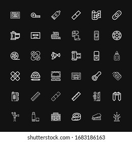 Editable 36 tape icons for web and mobile. Set of tape included icons line Pincushion, Staple, Measuring tape, Radio cassette, Glue, Film director, Sash, Height on black background svg