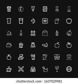 Editable 36 taste icons for web and mobile. Set of taste included icons line Salt, Drink, Seasoning, Vinegar, Drumsticks, Coffee, Coffee bag, Apple, Tuber on black background