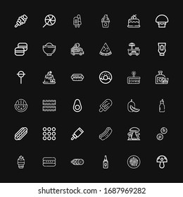 Editable 36 tasty icons for web and mobile. Set of tasty included icons line Mushroom, Pasta, Mayonnaise, Salami, Hot dog, Ice cream, Biscuit, Mushrooms, Candy on black background