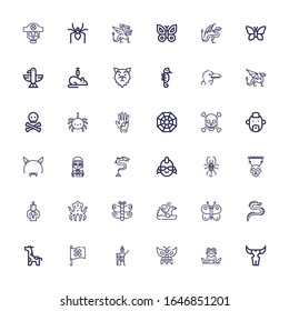 Editable 36 tattoo icons for web and mobile. Set of tattoo included icons line Skull, Frog, Butterfly, Swallow, Pirate flag, Giraffe, Dragon, Swan, Kraken on white background