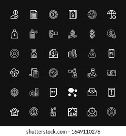 Editable 36 iconos fiscales para web y móvil. Conjunto de iconos de línea de impuestos que incluyen: Moneda, Factura, Inmobiliaria, Monedas, Dólar, Importe, Facturación, Efectivo, Bolsa de Dinero, Fondos, Impuestos sobre fondo negro