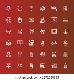 Editable 36 teacher icons for web and mobile. Set of teacher included icons line Student, Teacher, Presentation, Pencil case, Training, Abc, Students, Coach, Conference on red
